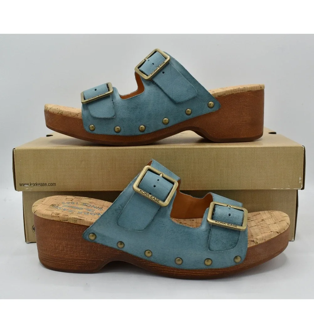 Kork-Ease Saffron Women 9 Turquoise Leather Cork Wedge Shoes Slide Sandals